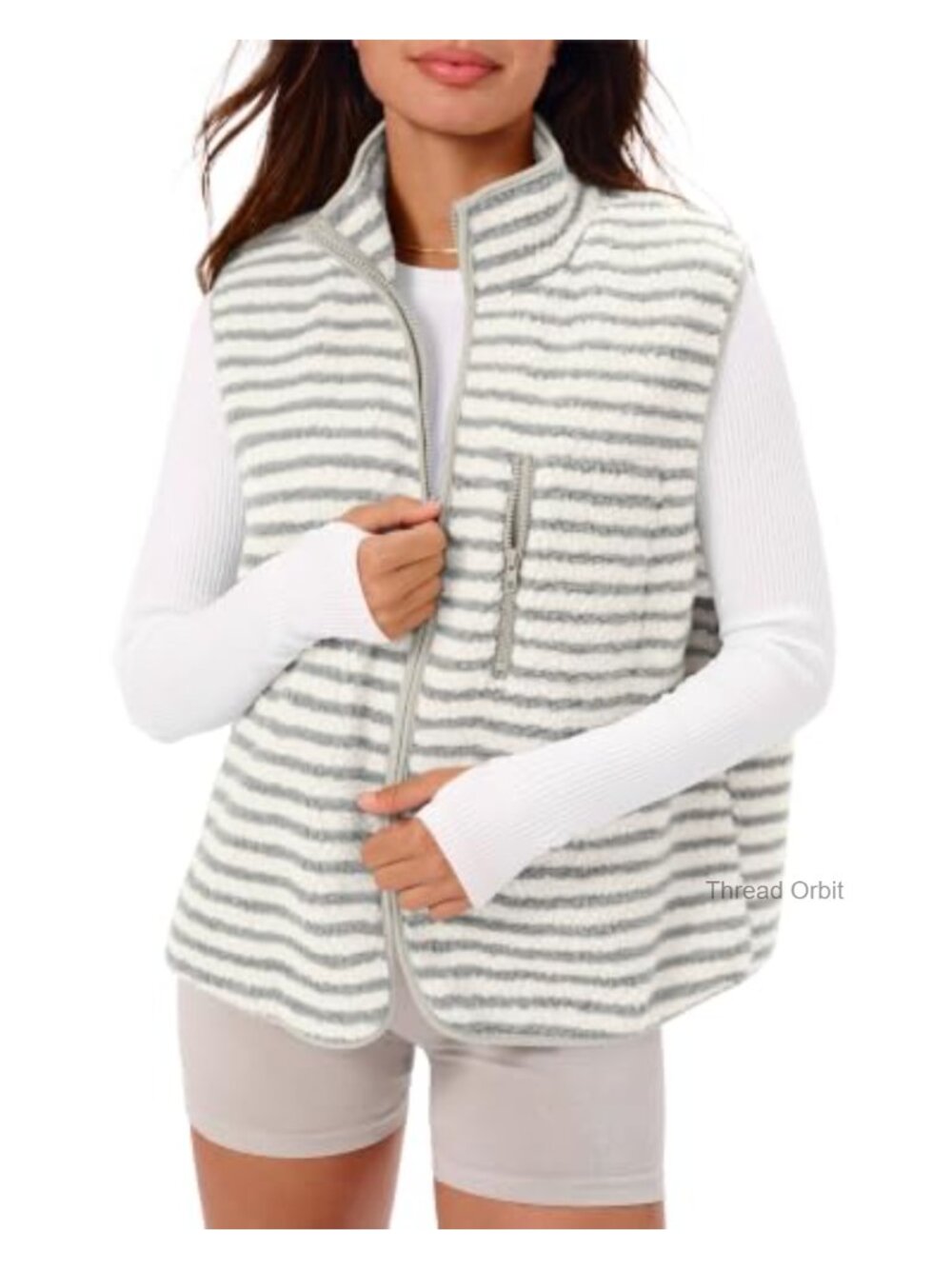 Sherpa Fleece Striped Vest Stand Collar Sleeveless Zip Jacket